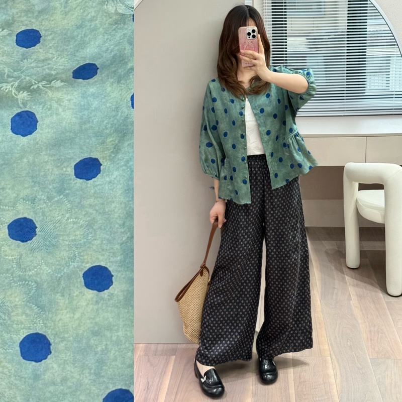 100% Mulberry Silk Red Cloud Yarn Floral Blue Polka Dot Round Neck Mid-Length Seven-Sleeve Babydoll Shirt 100% Mulberry Silk Red Cloud Yarn Floral Blue Polka Dot Round Neck Mid-Length Seven-Sleeve Babydoll Shirt