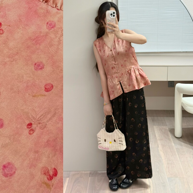 100% Mulberry Silk Red Cloud Yarn Floral Green Butterfly Pink Cherry V-Neck Scalloped Sleeveless Babydoll Top