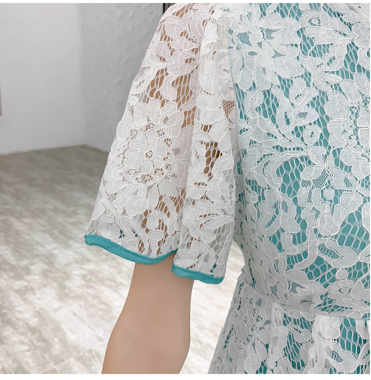 VK旗艦店 中國風中國結扣蕾絲拼色包邊旗袍短袖洋裝