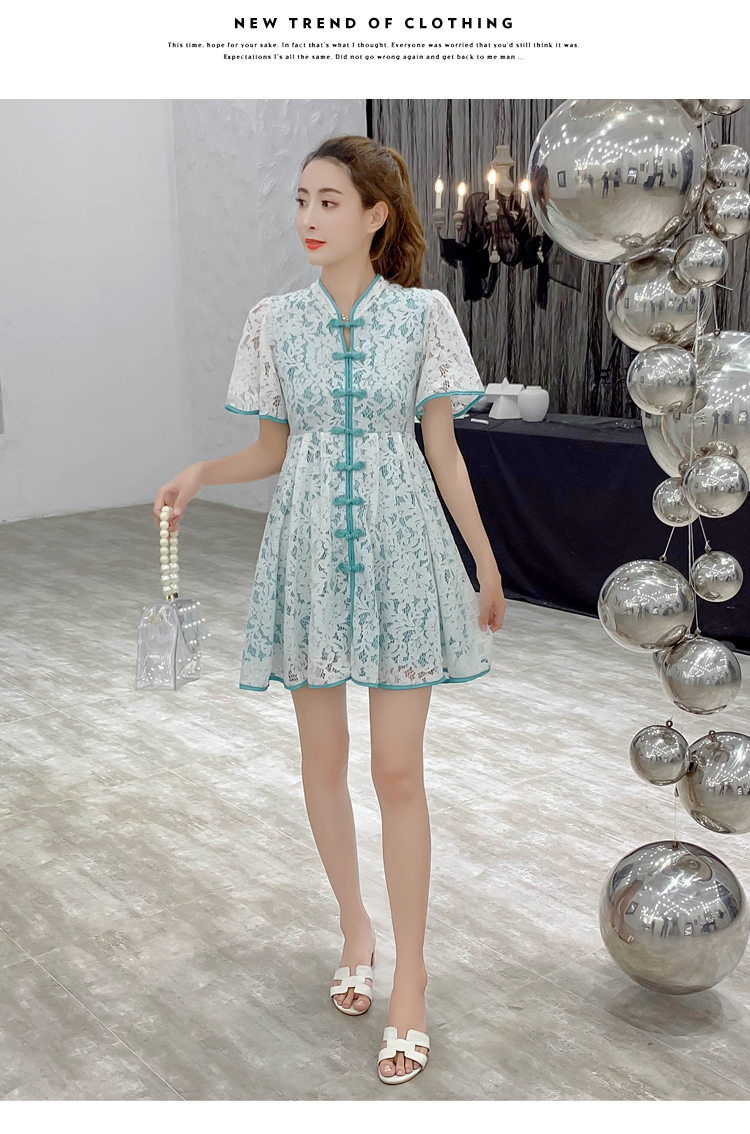 VK旗艦店 中國風中國結扣蕾絲拼色包邊旗袍短袖洋裝