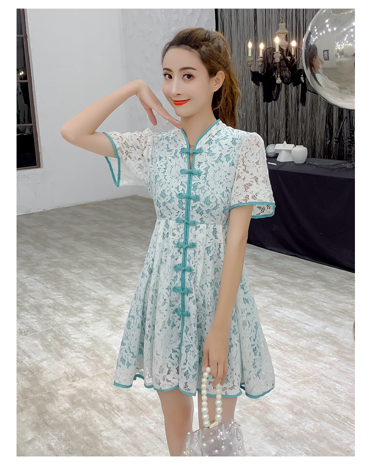 VK旗艦店 中國風中國結扣蕾絲拼色包邊旗袍短袖洋裝