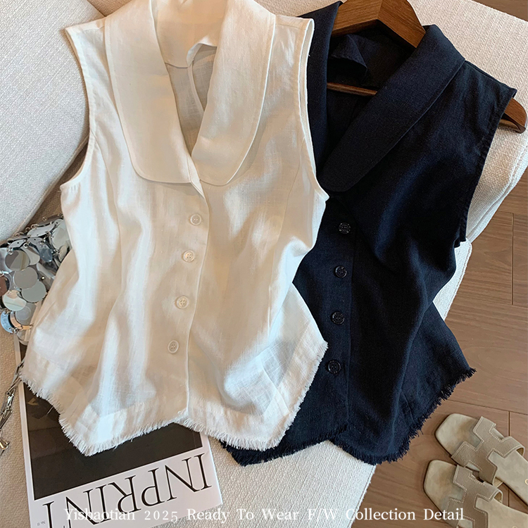 Outlet Clearance Counter Brand Cut Label Old Money Style Tassel Lapel Linen Sleeveless Vest Top for Women Summer