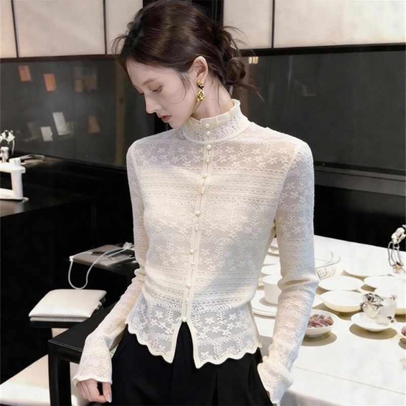 Outlet Clearance Brand Off-White Lace Shirt Crochet Half-High Collar Long-Sleeve T-Shirt Top for Women Spring