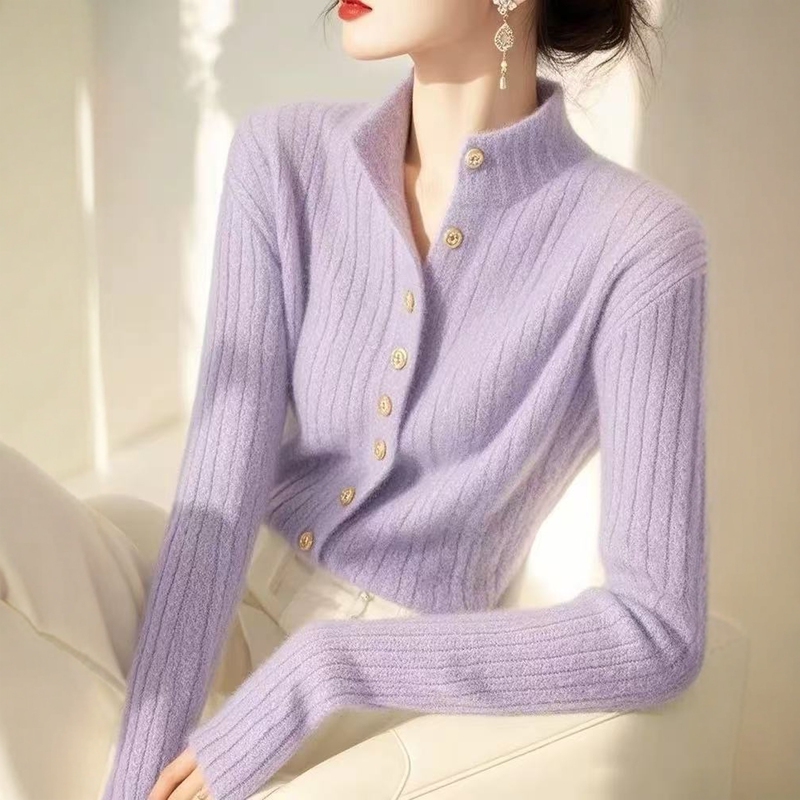 Recommended Item for Personal Collection~ Lazy yet Sophisticated Purple High-Neck Knitted Cardigan, Slimming Wool Top for Women, Autumn and Winter