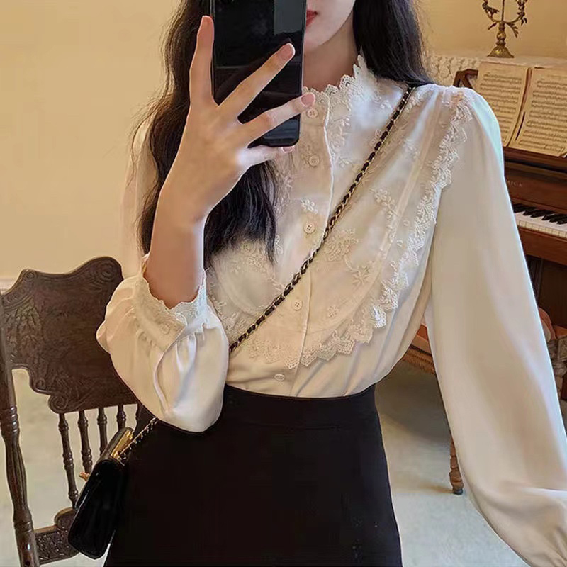 French Retro Palace-Style Lace Chiffon Shirt for Women, Lace Base Shirt with a High-End Feel, Early Spring Chic Blouse French Retro Palace-Style Lace Chiffon Shirt for Women, Lace Base Shirt with a High-End Feel, Early Spring Chic Blouse