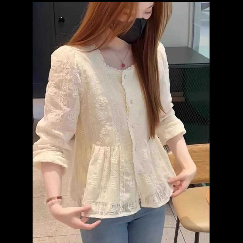 Early Spring French-Style Light Luxury High-End Lace Shirt for Women, Tummy-Concealing Slimming Top, Loose Chiffon Babydoll Blouse