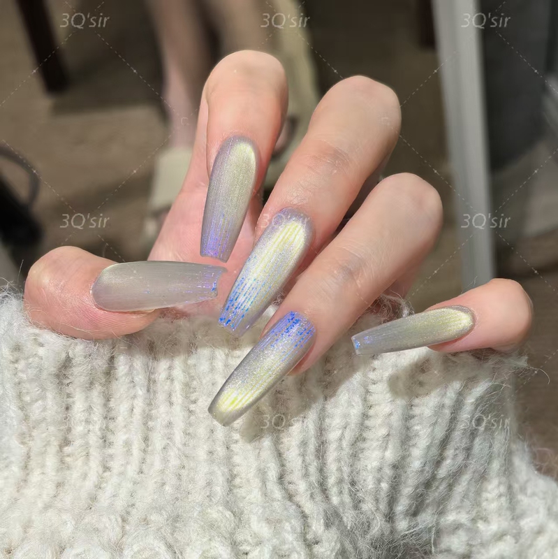 3Qsir【Mirror World】High-End Electroplated Brushed Glass Beads Cat-Eye Pure Handmade Wearable Nails