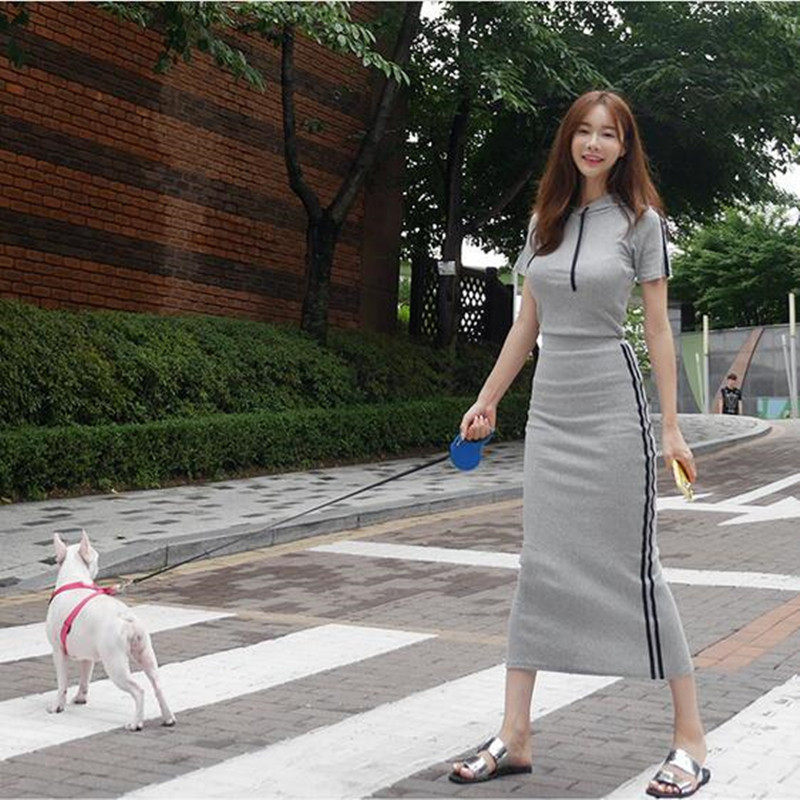 韩版运动套装修身包臀长裙女休闲连帽卫衣纯棉显瘦两件套夏秋