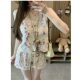 Lin Xi Xi ~ Beach Vacation Style Casual Suit Plaid Hollow-Out V-Neck Sleeveless Top High-Waisted Short Style