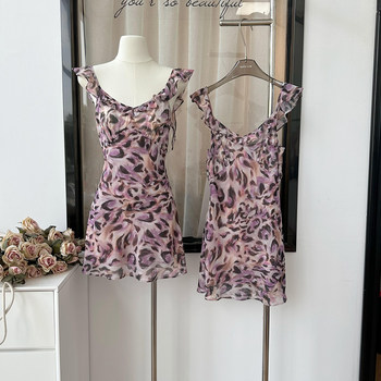 Lin Xi Xi French-Style V-Neck Romantic Purple Leopard Print Oil Painting Bias-Cut Summer Vacation Style Slim-Fit Spaghetti Strap Dress