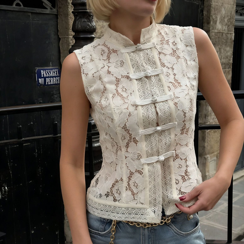European and American Style Elegant Commuter Lace Crochet Stand Collar Slim Fit Sleeveless Shirt
