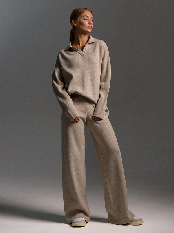 Knitted Sweater Set European and American Style Polo Collar Sweater Suit Knitted Top Wide-Leg Pants Two-Piece Set for Women