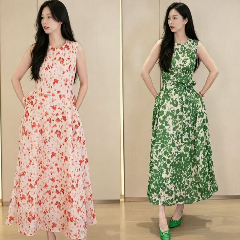 Full of Charisma! so Beautiful, with a Gorgeous Spring Glow. Max Tencel Ramie Waist-Cinching Drawstring Sleeveless Dress with a Large Hem