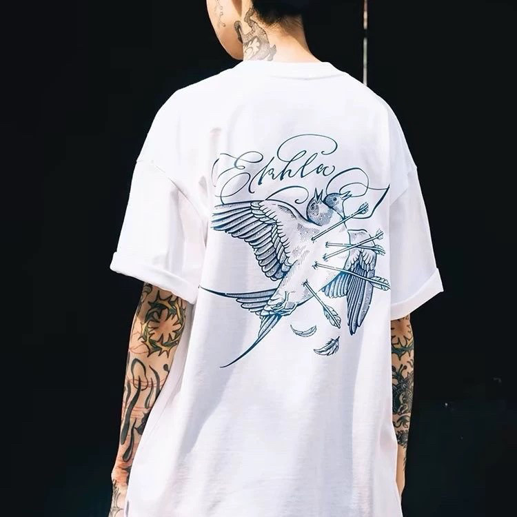 重磅260克雙頭燕纹身师木刻版画双头燕子插画街头时尚情侣短袖T恤