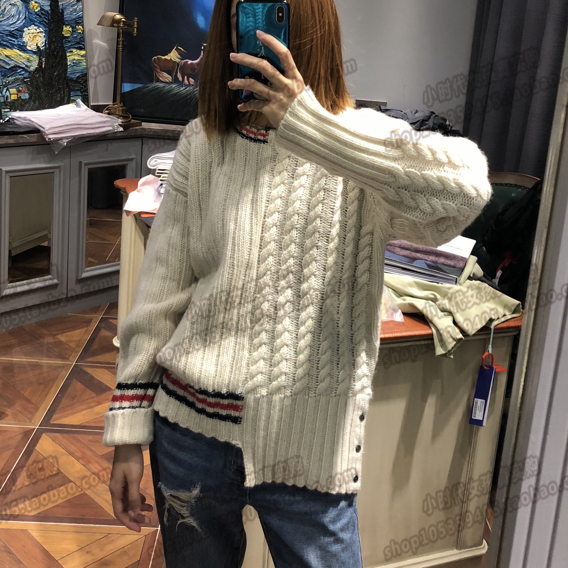 (little times France) Thom Browne TB asymmetrical rice white round neckline hooded sweatshirt jacket