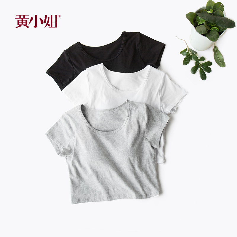 Lady Wong short sleeve dew cord T-shirt woman tight fit cotton round collar fashion blouse with chest cushion comfortable t-shirt