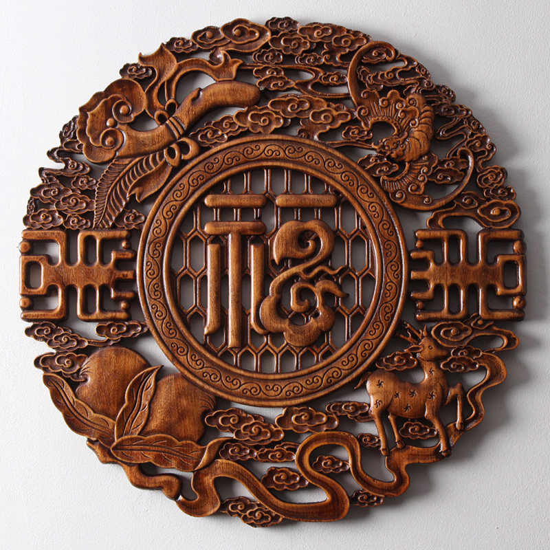 Dongyang wood carving camphor wood pendant round Chinese style living room decoration painting background wall solid wood hollow wall hanging home and Fushun