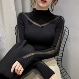 Демисезонный кружевной трикотажный эластичный приятный телу свитер, высокий воротник, в западном стиле