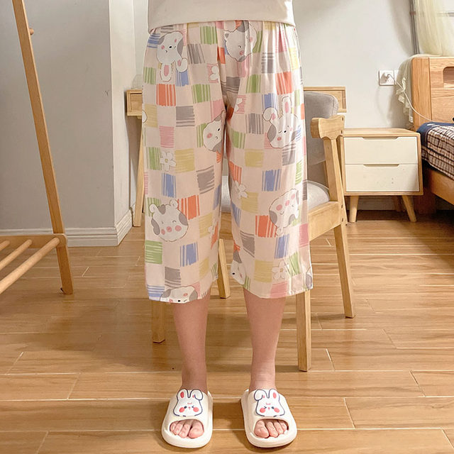 pajamas ຝ້າຍທຽມຂອງແມ່ຍິງ summer ຝ້າຍໄຫມ cropped pants ຝ້າຍບາງໆ pants ວ່າງຂະຫນາດໃຫຍ່ກາງເກງກາງເກງສັ້ນກາຕູນເຮືອນ