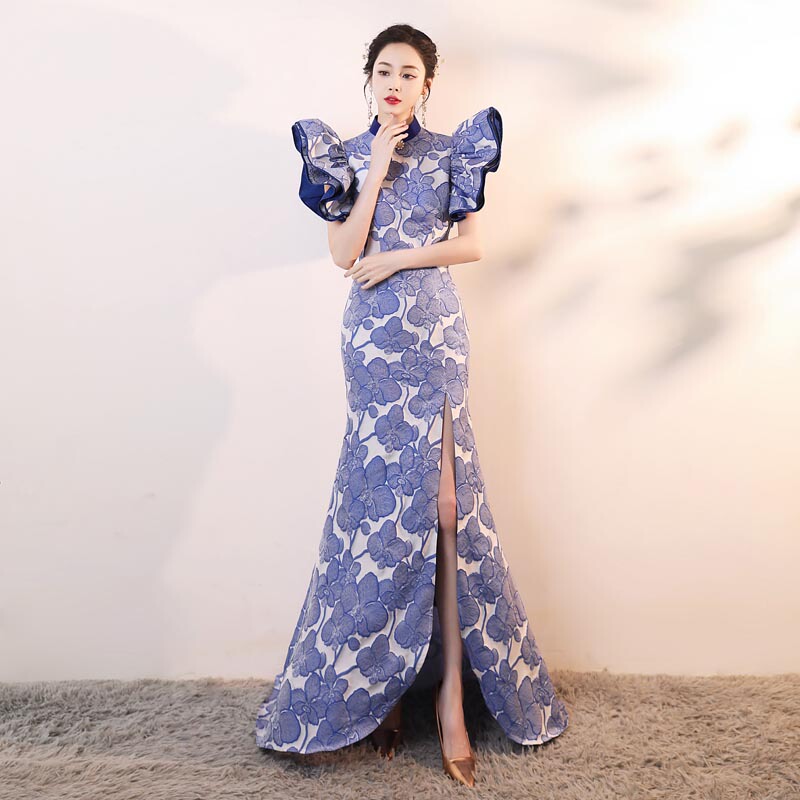 High-End Blue and White Porcelain Fashion Show Cheongsam Blue Chinese Style Modified Long Train Model Competition Performance Dress for Women High-End Blue and White Porcelain Fashion Show Cheongsam Blue Chinese Style Modified Long Train Model Competition Performance Dress for Women
