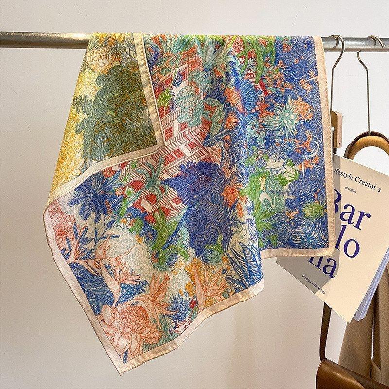 Tropical Jungle Print Silk Wool Small Square Scarf, Double-Sided Color-Blocked Scarf, Women's Silk Wool Shawl, Fashionable Neck Scarf