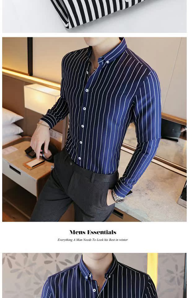 Mùa đông sọc dọc cộng với áo nhung nam tay dài Hàn Quốc Slim cotton trẻ trung áo đệm xu hướng quần áo ấm sơ mi nam cao cấp