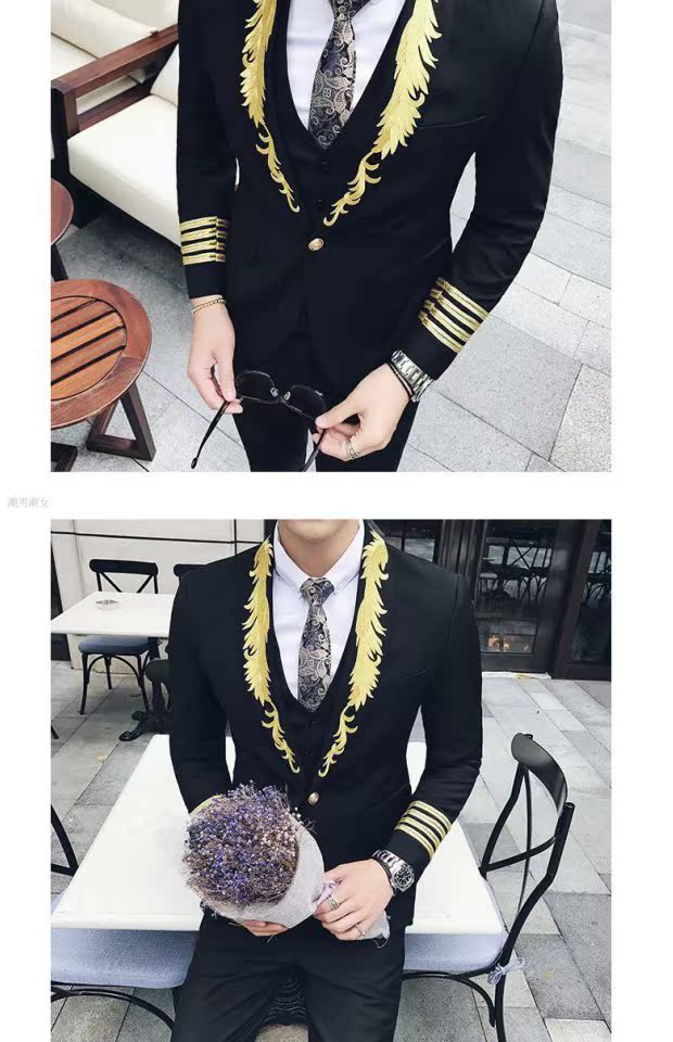Hộp đêm thêu hoa cá tính phù hợp với nam phù hợp Kiểu tóc mỏng xu hướng phù hợp với nhỏ phù hợp với ba mảnh trang phục chủ bộ vest nam