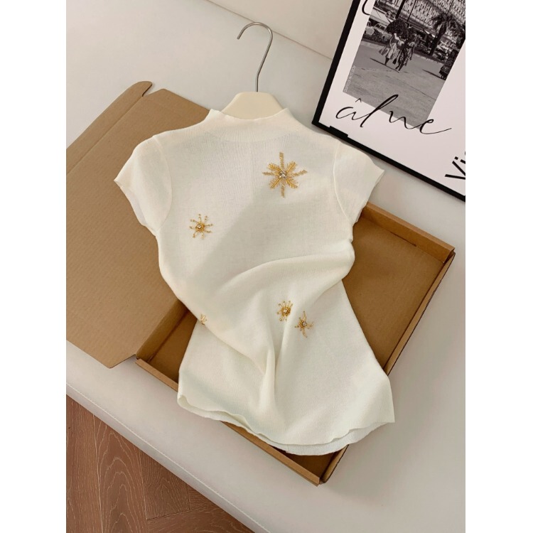 New Chinese-Style Beaded Half-High Collar Tank Top for Women, Unique and Beautiful for Summer, Slimming, Can Be Worn Alone, Ice Silk Knit Top, Trendy