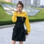 Nữ mùa thu năm 2018 mới của Hàn Quốc phiên bản của tự trồng trọt trùm đầu áo len khâu giả hai dài tay khí váy Một từ váy mẫu váy chữ a đẹp 2020