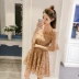 Đen ren sling một vai đầm mùa hè nữ off-the-vai eo sừng tay áo váy ngắn một loại cổ áo váy xếp ly dài váy đầm