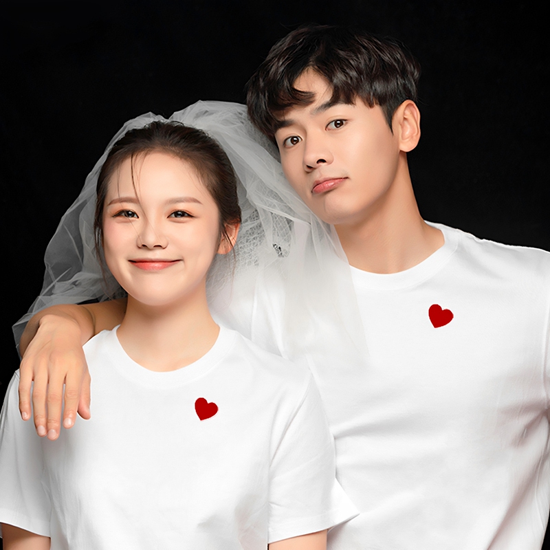 Wedding Photos, Marriage Registration, Couple Outfits, Heart-Shaped White Short-Sleeved T-Shirts, Large Size Id Photos, Engagement Outfits