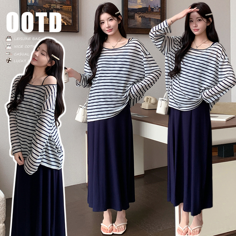 Maternity Summer Outfit 2026 New Korean-Style Striped Sun-Protective Cover-Up High-Elastic Camisole Dress Two-Piece Dress