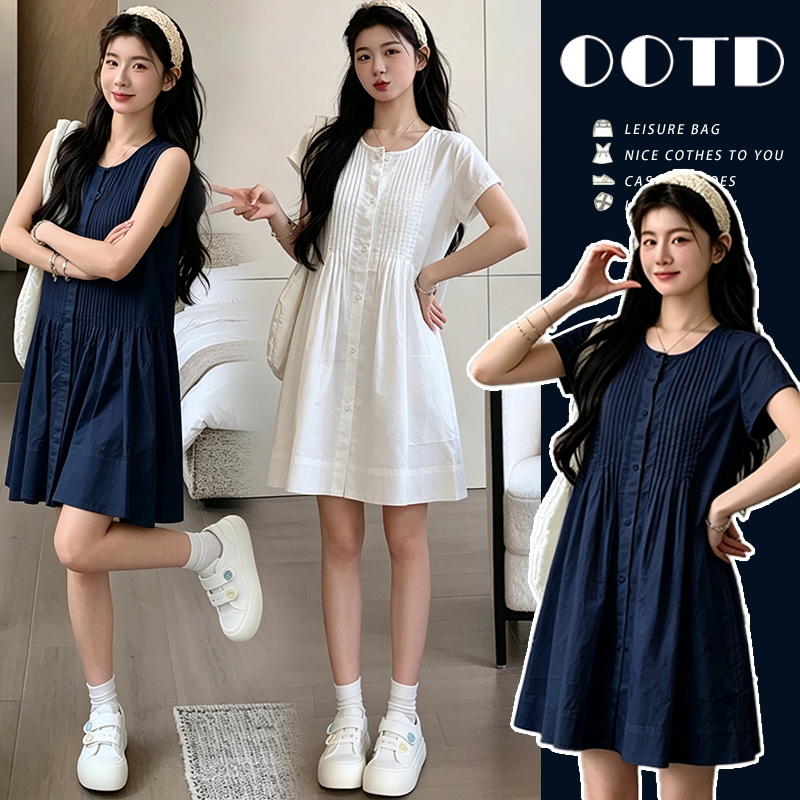 Maternity Dress, Summer Dress, Petite Style, Accordion Shirt Dress, Korean Style, Pure Cotton, Stylish Design, Sleeveless, Fashionable Outfit for Pregnancy