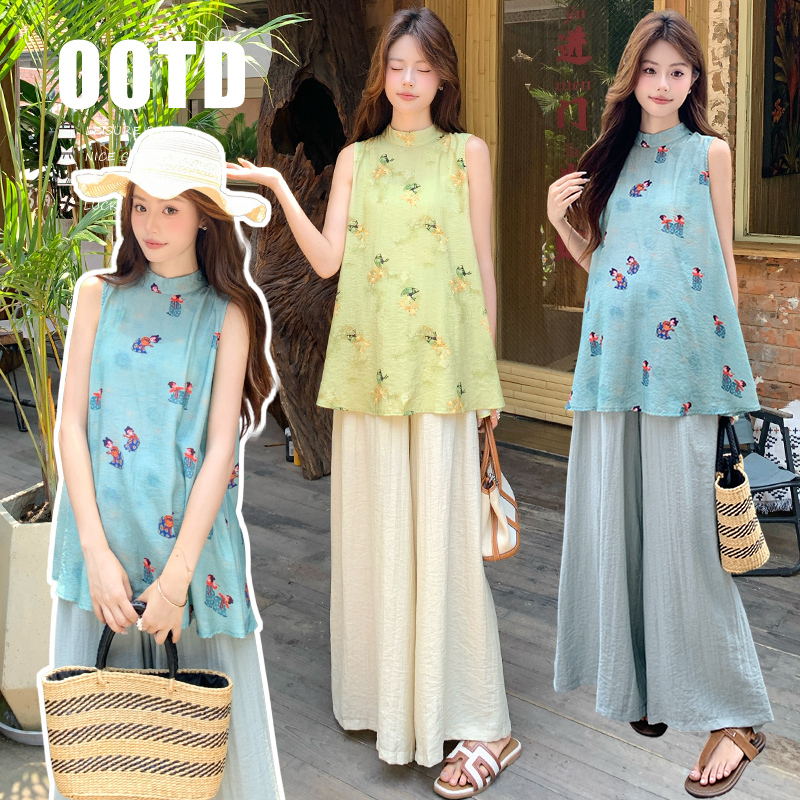 Maternity Outfit Summer 2026 New Fashion Printed Chinese Style Sleeveless Top and Long Pants Two-Piece Stylish Pregnancy Outfit