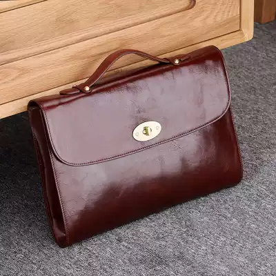 First layer cowhide men's handbag retro horizontal briefcase leather business bag simple envelope bag clamshell lock