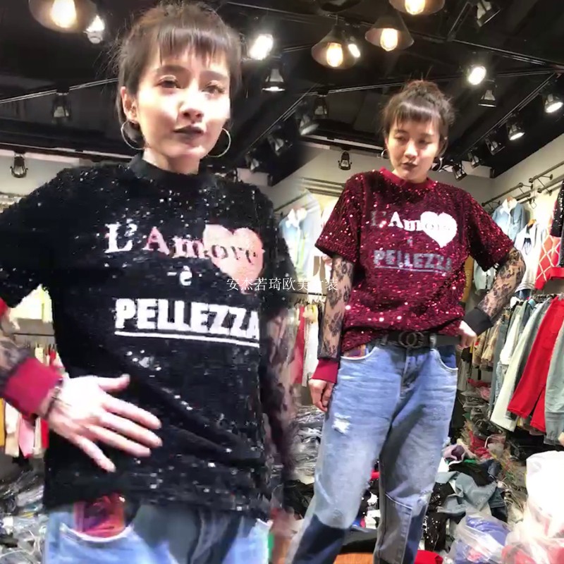 European station 2022 women's spring new sequin short-sleeved T-shirt letter stitching lace sleeve fake two-piece top women