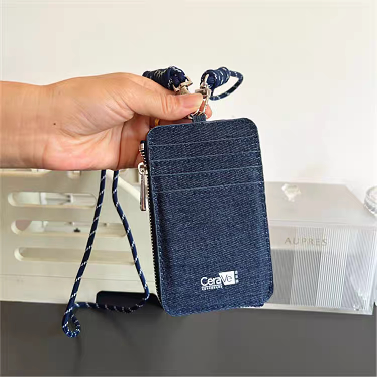 Free Shipping, Suitable for All Skin Types, Dark Denim Card Holder, Id Holder, Lanyard, Unisex Coin Purse, Multiple Card Slots with Zipper