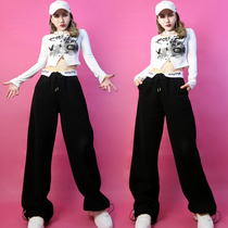 Jazz dance clothes hip-hop hip-hop loose sweatpants practice pants letter waist straight pants white zipper top