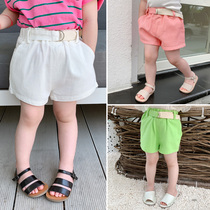 2021 female childrens clothing summer wear new belt Korean version of foreign-style childrens denim shorts womens baby pants