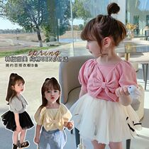 2022 female childrens clothing spring and summer new butterfly short sleeve Korean childrens cotton T-shirt baby Foreign Child Base shirt