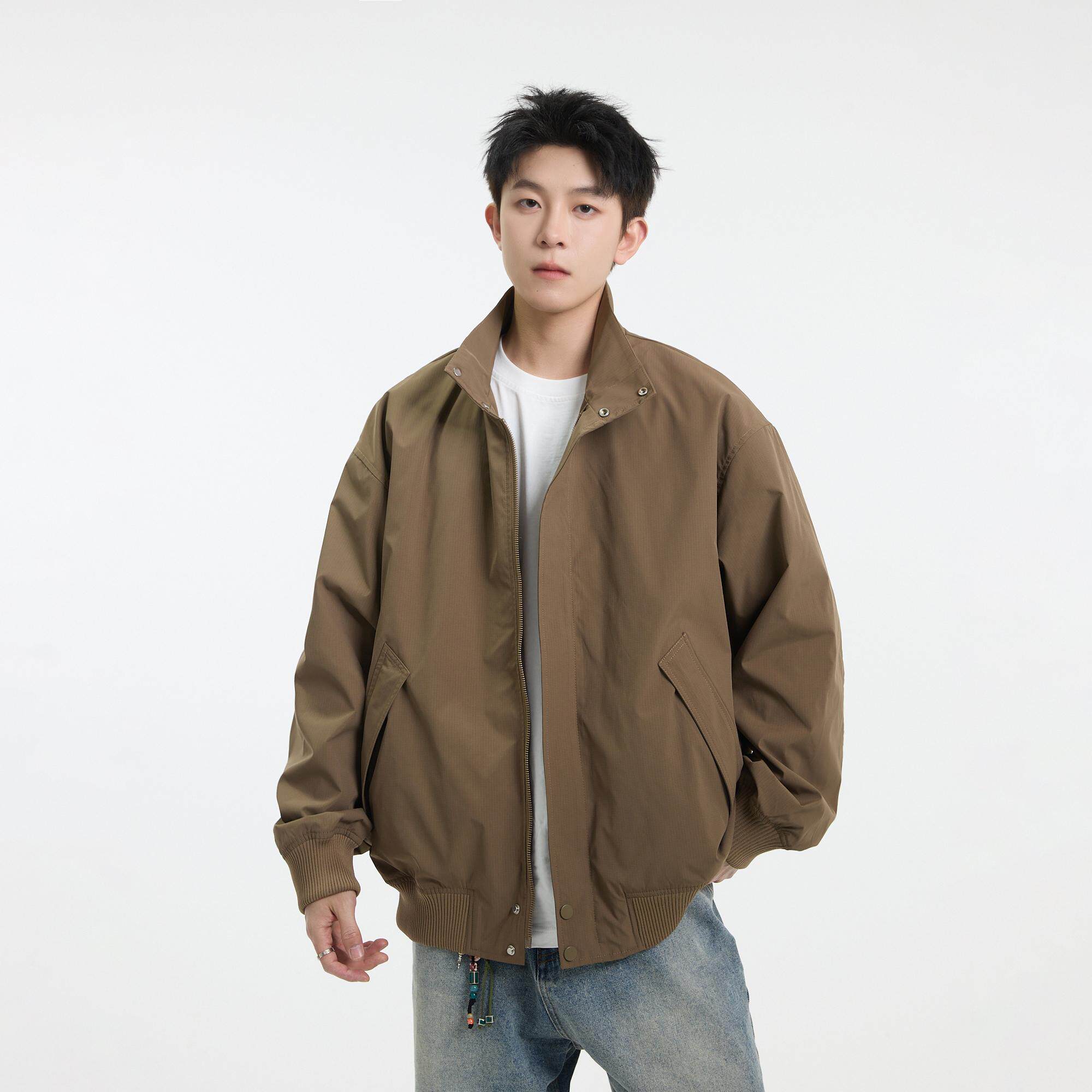 秋冬アメリカンスタイルハリントンジャケット、メンズスタンドカラーベースボールスタイル、カップル向けカーキクリーンフィットコットンジャケット