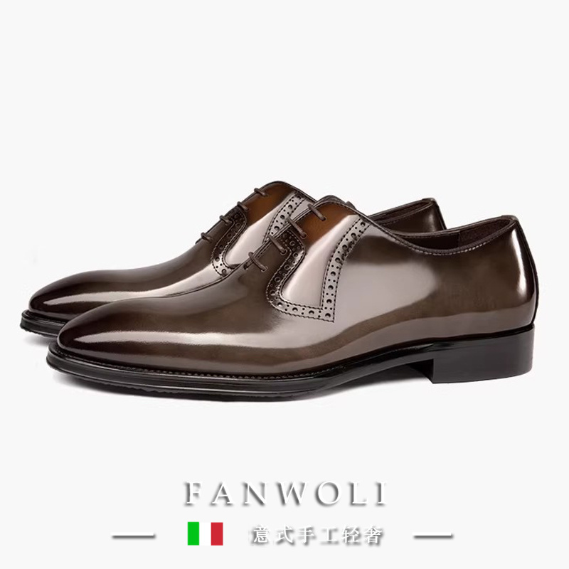 Fw New Business Men's Genuine Leather Casual Pointed Toe Lace-Up Formal Leather Shoes Brogue Shoes Derby Shoes Wedding Leather Shoes