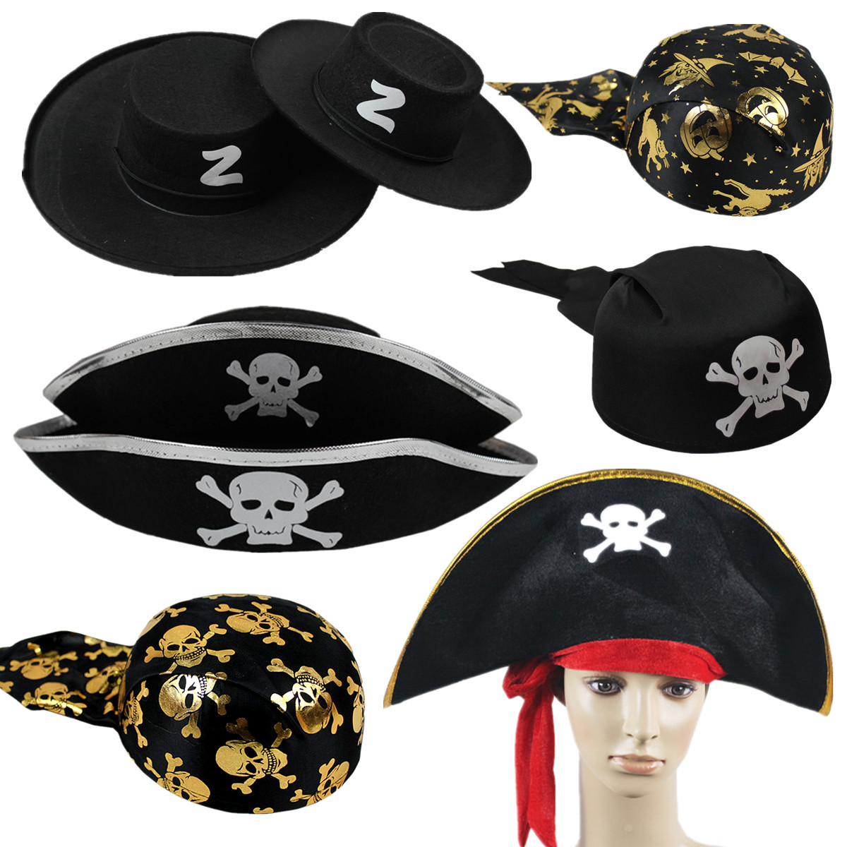 1 Halloween props headwear party Zorro Caribbean Pirate Costume Hat Captain Cap Pumpkin Pirate Cap-Taobao