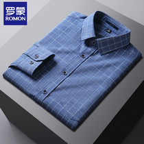 Romon Spring Autumn Season Shirt Mens Long Sleeve Business Casual 100 Ride-Free Blue Plaid Inch Shirt Casual Minimalist Shirt