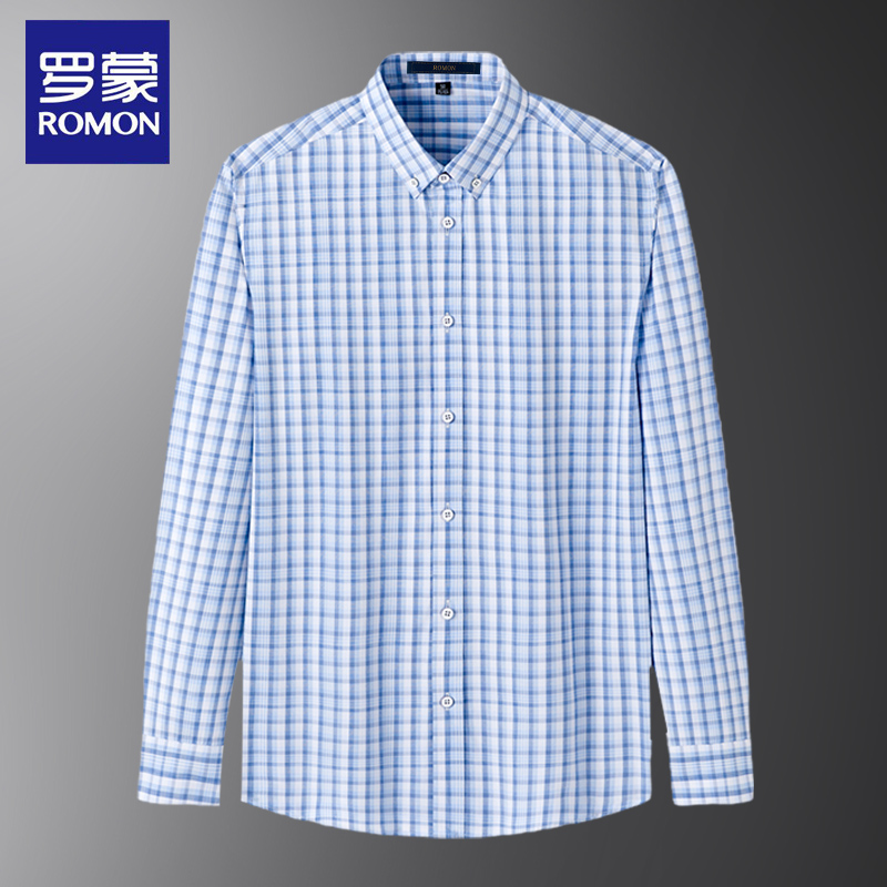 Romon spring and autumn non-ironing blue plaid classic shirt men's long-sleeved one-inch shirt youth casual simple all-match shirt