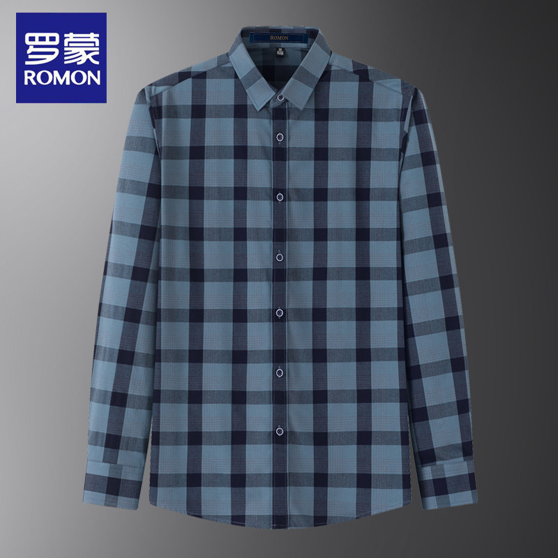 Romon Plaid Shirt Men's Long Sleeve Spring and Autumn Free Ironing Business Casual Versatile Slim Shirt Middle-aged Shirt Jacket