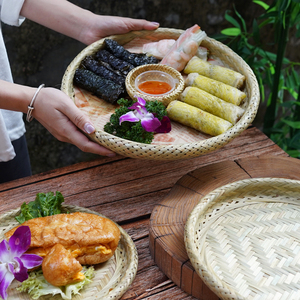 Bamboo Woven Round Fruit Plate for Home Use, Hot Pot Restaurant Thai-Style Dish Plate, Bamboo Woven Snack Basket, Japane