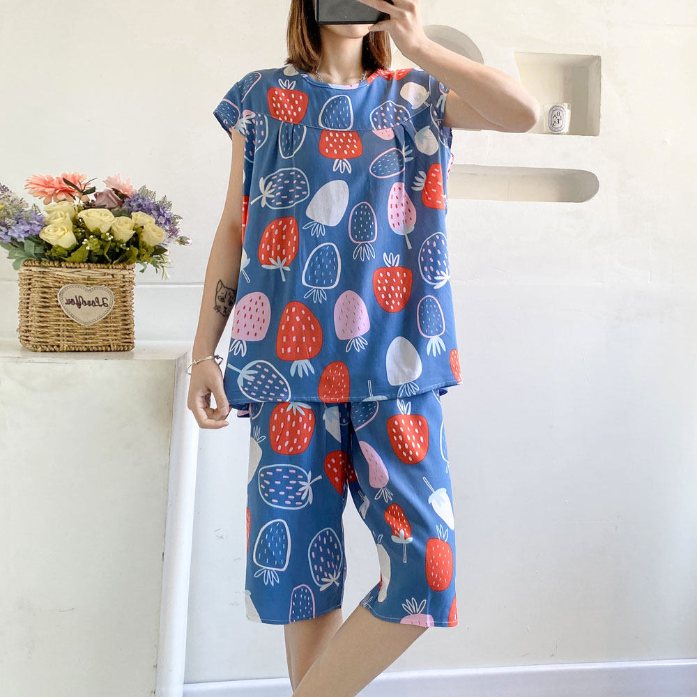 Large size yard artificial cotton silk sleeping dress woman loose thin section short sleeve 7-pants two sets Fat mother Home Residence Suit Suit