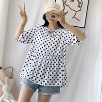 Large size cotton shirt womens coat summer Korean version of cotton floral Half sleeve belly thin fat mm artificial cotton T-shirt