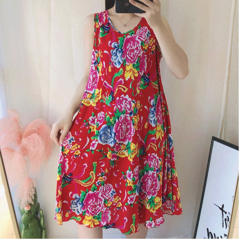 Artificial cotton Mianian dress Women's summer medium long version large pendulum loose Northeast large flower skirt pregnant woman large size pyjamas